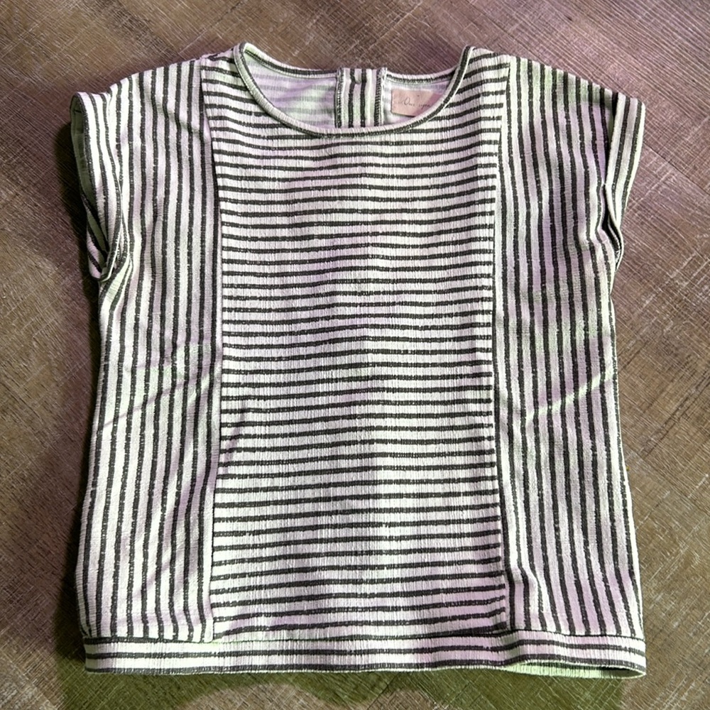 White and charcoal striped top with back button detail